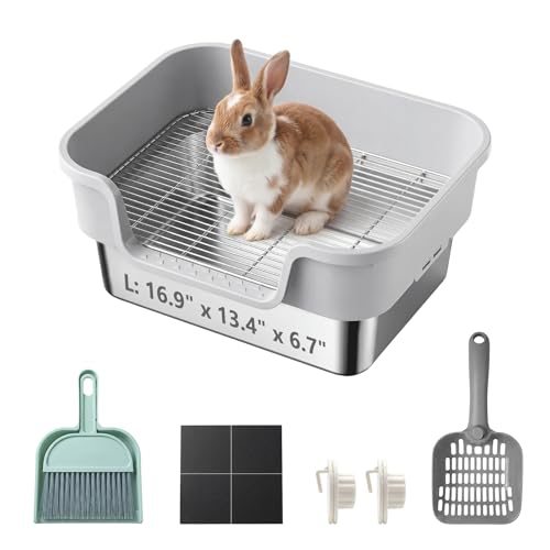 Stainless Steel Rabbit Litter Box with Safety Grid Large Sifting Bunny Litter Pan for Small Animals Guinea Pig Ferret Easy to Clean Anti-Urine Leakage Metal Pet Toilet (16.9 13.4 6.7)