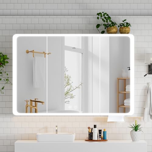 Aovquof Spiegelschrank mit Beleuchtung - 90×70cm Spiegelschrank Bad mit Stauraum, Badspiegelschrank mit einstellbaren dimmbaren LED-Leuchten mit Demist-Funktion, abgerundet Schwarz