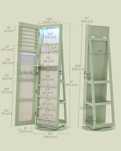 Image of SONGMICS 6 LEDs Mirror Jewelry Cabinet Organizer, 360 Swivel, Lockable | Frameless Full-Length Mirror with Storage, Jewelry Armoire, 3 Storage Shelves, Laurel Green Surface UJJC007C01