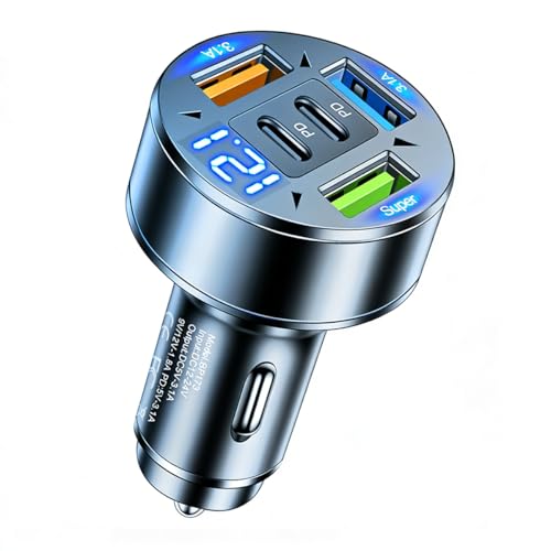 5 in 1 Multi Port USB C Car Phone Charger Adapter with Voltage, 100W Super Fast Charging Car Cigarette Lighter USB Charger for iPhone 16 15 14 13 12 11 Samsung Galaxy, iPad Pro and More