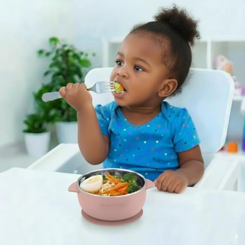 PandaEar 3er Set Edelstahl Baby Schüsseln mit Saugnapf – Breischale für Babybrei & Porridge, Rutschfeste Babyschüsseln mit Silikonhülle, Unzerbrechlich & BPA-frei, Kinderschüssel (Rosa)