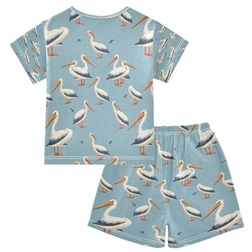 Pajama Sets Short Sleeve White Pelican Pattern Soft Cotton Summer Sleepwear 2 Piece PJS Size 5-14T2