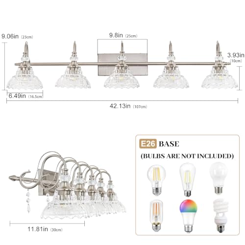 Image of Brushed Nickel Bathroom Vanity Light, 5-Light Nickel Finish Wall Sconce with Hanging Crystal Accents and Flower-Shaped Clear Glass Shades, Modern Wall Mount Vanity Light Over Mirror for Bathroom