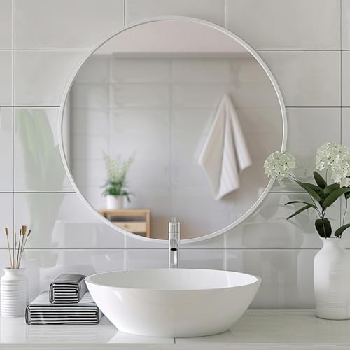 Image of Sunniry White Circle Mirror, Round Mirror 20 inch, White Round Mirrors Matte Metal Frame, Circle Mirrors for Bathroom, Bedroom, Living Room, Hallway.
