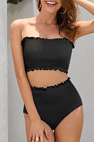 SHEKINI Women's Bikini Sets Shirred Bandeau Bikini Top High Waist Bathing Suit Removable Straps Two Piece Swimsuit3