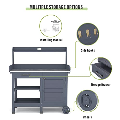 PexFix Outdoor Potting Bench Table Potters Benches Garden Work Bench Station Workstation with Drawer/Hook/2 Tier Storage Shelf for Backyard, Patio and Lawns, Grey - Thumbnail 5