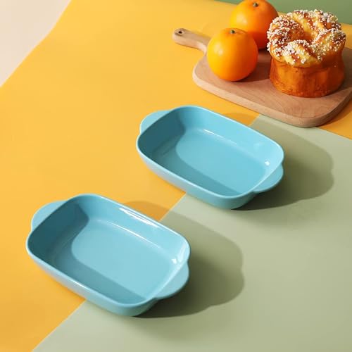 Image of Ceramic baking dish - Casserole Baking Dish with Handle, Baking Dishes for Oven, 7'' x 5'' Individual Baking Pan, Color Painted Porcelain Bakeware Set| Pack-2 (Blue Plain)