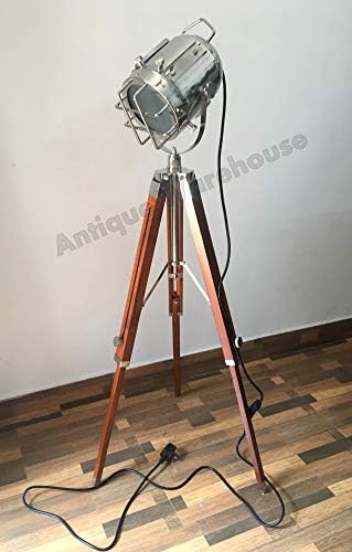 Nautical Handmade Floor Searchlight with Wooden Tripod Vintage Chrome Floor Lamp for Bedroom, Office, Living Room, Indoor Decor