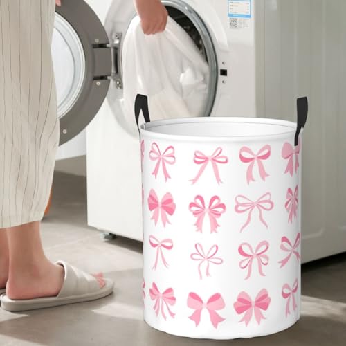 Image of Laundry Basket Room Decor,Round Laundry Hamper Waterproof Dirty Clothes Hamper Collapsible Laundry Baskets With Handles,Toy /Clothes Storage Basket For Home Dorm Bathroom Decor (Pink Bow)