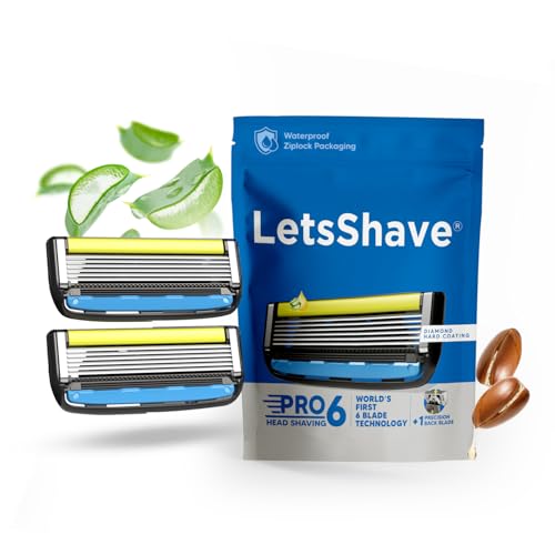 Image of Letsshave Pro Head Shaving Razor Blades for Men - Pack of 2 | World's first 6-Blade Compact Head Shaver | Replacement Cartridges with Moisturizing Strip | Diamond-Coated Curved Blades