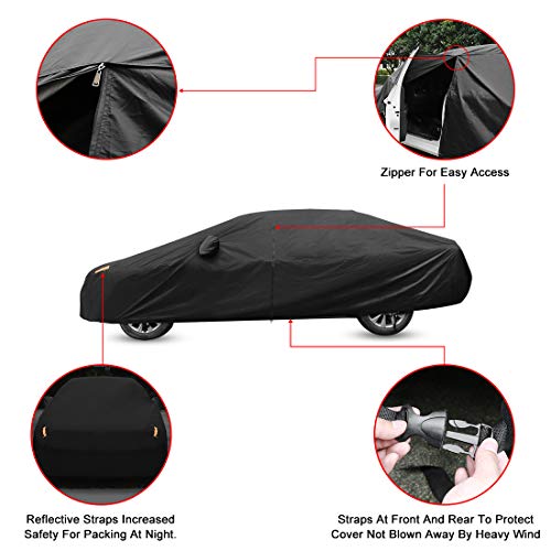 Image of uxcell 190T 450x175x150cm Black Car Cover Waterproof Breathable Scratch Rain Snow Heat Resistant with Driver Door Zipper Mirror Pocket and Reflective Strips