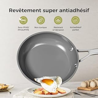 naturepan Set de 3 Poêles en Céramique Diamant Titane (20+24+28 cm) - Revêtement Antiadhésif Sans PTFE/PFOA/PFAS - Poignée Restant Froide - Compatible Induction & Four - Lave-Vaisselle - Gris