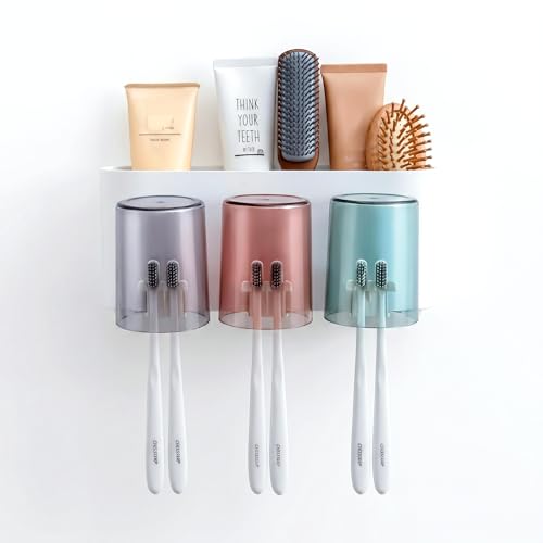 Image of Wall Mounted Toothbrush Holder for Bathroom with 3 Cups | Dustproof Toothbrush Organizer Stand | BPA-Free Bathroom Storage Shelf for Toothbrush, Toothpaste, Comb & Razor | Self Adhesive