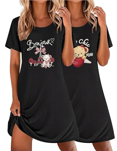 Image of Ekouaer 2 Pack Nightgowns for Women Sleepshirt Short Sleeve Night Shirts
