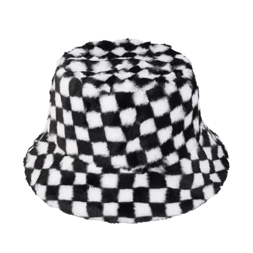 MILAKOO Gorro de cubo de pelo sintético cálido para invierno, gorro de pescador para mujer, hombre, peluche suave, sombrero de pescador de invierno, E1: cuadros blanco y negro, 55-58