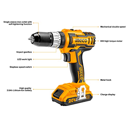 Image of INGCO CIDLI 2002 Lithium-ion Impact Drill Cordless 18+1+1 Torque Settings 22500 /min Impact Rate 2.0 Ah Battery 2 Speed Gear CR-V Bits Compact Kit for Home Improvement & Industrial Use