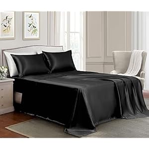 GOLAL Satin Sheets Queen Size – 4 Pieces Luxury Silky Soft Bed Sheets, Wrinkle-Free Black Satin Silk Sheet Set with 1 Deep Pocket Fitted Sheet, 1 Flat Sheet, 2 Pillow Cases