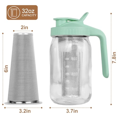 Image of Cold Brew Coffee Maker,32 oz Mason Jar Pitcher with Stainless Steel Filter, Pour Spout Handle Lid, Heavy Duty Glass Airtight & Leak-Proof Pitcher for iced coffee Tea Lemonade-Green