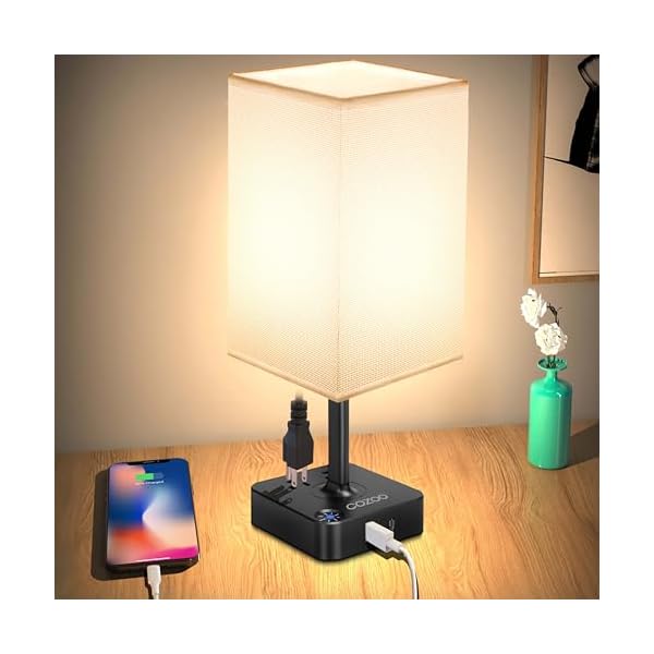 Table Lamp Dimmable cozoo USB Bedside Table Desk Lamp with 2 USB Charging Port(A+C) 2 Outlet,Nightstand Lamp with Charger Base White Fabric Shade,LED Touch Lamp for Bedroom/LivingRoom/Dorm/Home Office