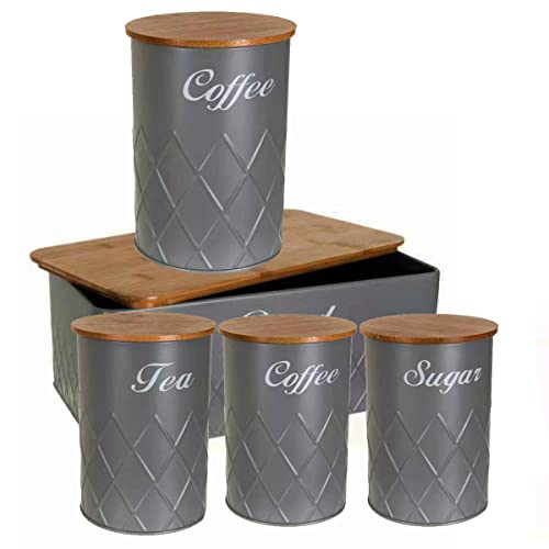 5Psc Bread Bin Set, Metal Bread Bin and Canister Sets with Airtight Wood Lid, Biscuit, Tea, Coffee, and Sugar Canisters Countertop Breads Storage Set Matt Finish (Grey)