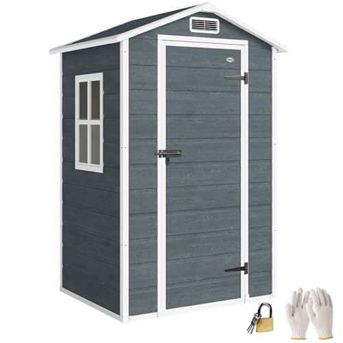 Outsunny Abri de Jardin en résine Effet Bois, 128x104x196cm (1,09 m²) - cabane de Stockage avec Plancher, fenêtre et Toit Pointu Anti-Pluie - Rangement...