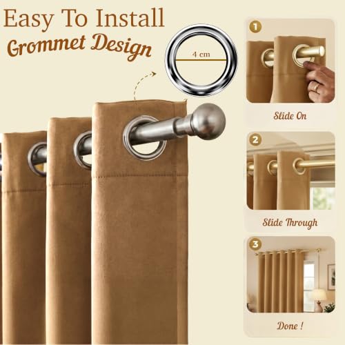 Image of 100% Blackout Window Curtains, 5 Feet, Solid Design, Faux Silk, Thermal Insulated, Noise Reducing Eyelet Door Curtain with Tie Back for Living Room & Bedroom, 115x150cm, Pack of 2 - Gold