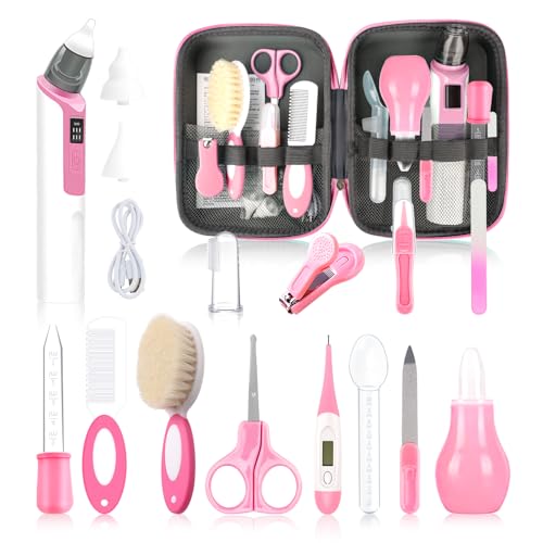 Image of Baby Grooming Kit, Infant Safety Care Set with Baby Nose Aspirator，Baby Hair Brush Comb Nail Clipper Nasal Aspirator,Baby Essentials Kit for Newborn Girls Boys (17 Pc Pink Kit)