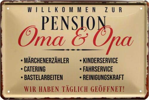 Blechladen Buddel-Bini Versand 1682 - Placa metálica decorativa (20 x 30 cm), design com texto Willkommen in Der Pension OMA und Opa