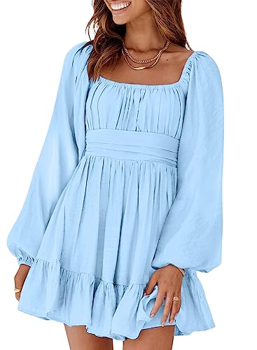 Dokotoo Women's Fall Dresses Square Neck Tie Back Off The Shoulder Dress Lantern Long Sleeve Blue Dresses Ruffle A-Line Flowy Dress Elastic Waist Casual Party Beach Outifits Medium