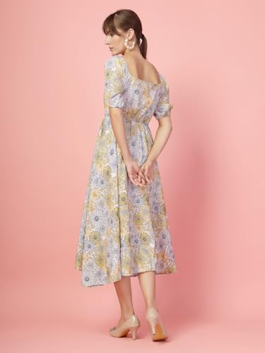 Image of OOMPH! Below Knee Shift Pink Dress in Crepe Fabric with Round Neck and Puff Sleeves - md619l