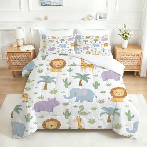 Image of Wild Animal Comforter Set Full Cartoon Animal Quilt Set for Boys | Cartoon Lion Elephant Giraffe Bedding Set, 3 Pcs Kids Girls Boys Jungle Comforter Set, Lightweight, Machine Washable
