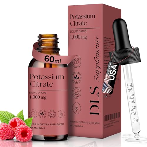 DLS Potassium Citrate Liquid & High Potassium Supplement 1000 mg Drops Absorption Electrolyte & Kidney Support Uric Acid Balance Muscle & Nerve Function Non-GMO Vegan Sugar Free 60 ml 2 fl oz