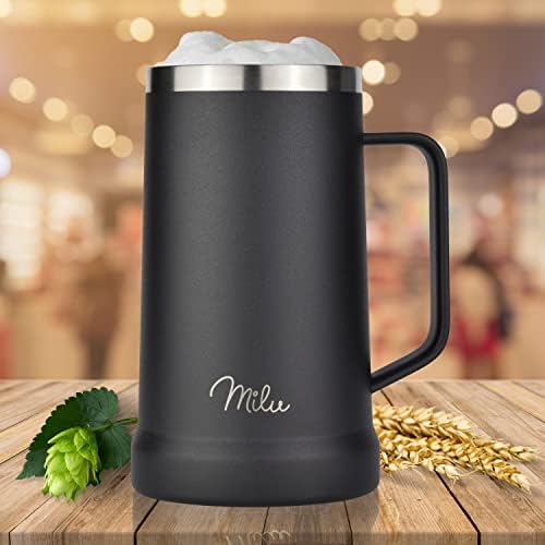 Milu kufel do piwa ze stali nierdzewnej izolowany | szklanka do piwa ze zdejmowaną pokrywką | kufel termiczny utrzymujący zimno | prezent dla mężczyzn (700ml, Czarny)