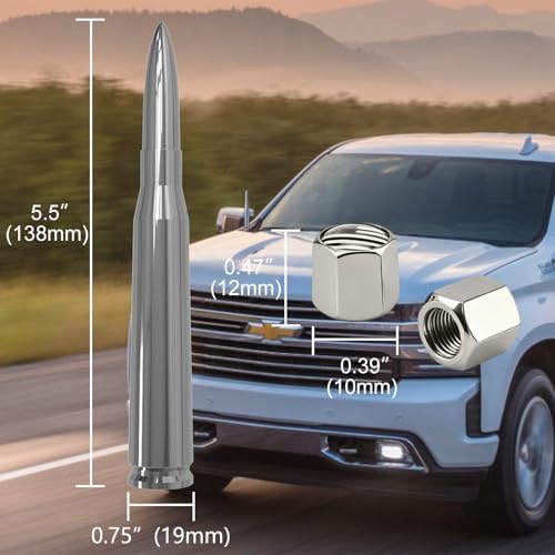 Image of Chrome Car Truck Antenna with Valve Stem Caps Vehicle Stubby Replacement Mast for Ford F150 F250 F350 Super Duty Raptor Dodge RAM GMC Sierra Chevy Silverado 1500 2500 3500