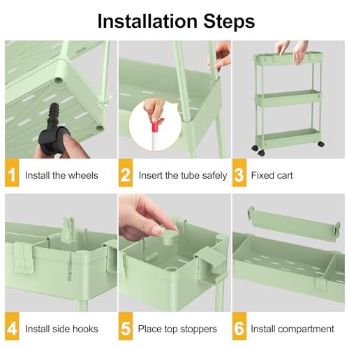 Image of SPACELEAD Slim Storage Cart 3 Tier,Bathroom Organizer Rolling Utility,Mobile Shelving Unit Slide Out for Office, Kitchen, Laundry Room & Narrow Places,Green