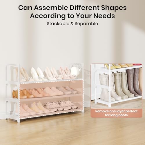 Image of VILICK Shoe Rack for Closet Shoe Organizer Space Saver Storage for 12-15 Pair Shoe Shelf with Hook Free Standing 3 Tier Shoe Rack Organizer for Entryway, Small Spaces, White