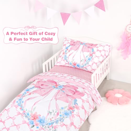 Image of Toddler Bedding Set for Girls, 4 Piece Toddler Bedding Sets Pink Toddler Bed Comforter Set Includes Soft Reversible Comforter, Fitted Sheet, Flat Sheet, Envelope Pillowcase, Cute Bow