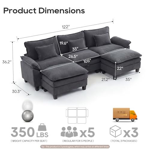 Image of URRED Oversized Modular Sectional Sofa,Dark Gray:122 inch U Shaped