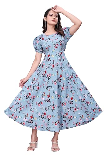 Image of Women's A-Line Crepe Maxi Dress | Stylish Fit and Flare Dress with Round Neck Short Puff Sleeves for Casual Wear