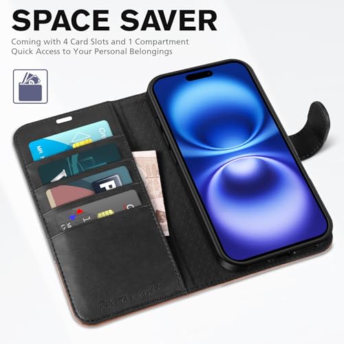 TUCCH Wallet Case for iPhone 16, [RFID Blocking] [4 Card Slots] TPU Interior Protective Case, Magnetic Folio Shockproof Stand Flip Cover Compatible with iPhone 16 6.1", Black & Brown by TUCCH - Used condition - Image 7