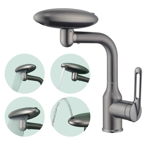 Image of ICRREH Waterfall Bathroom Sink Faucet, Multifunctional Basin Faucet with 4 Water Outlet Modes Single Hole, Modern 360Rotatable Bathroom Faucet with Two Water Supply Pipes, Gray
