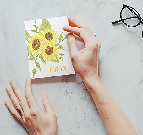 Image of Twigs Paper Sunflowers Thank You Cards, 12 Blank Note Cards with Envelopes | Small size, gratitude & appreciation notes, hand-illustrated artwork, stationery, bulk value set