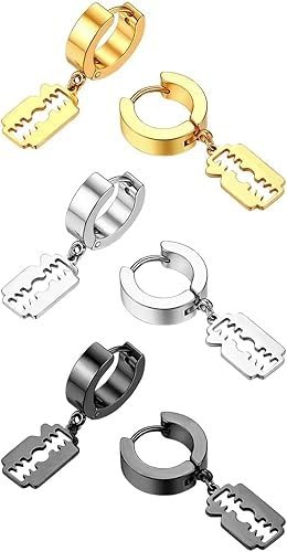 modeva "elevate your essence" Punk Style Razor Blade Dangle Hoop Earrings, Stainless Steel, Gold Silver Black, Unisex Fashion Jewelry-picture-25