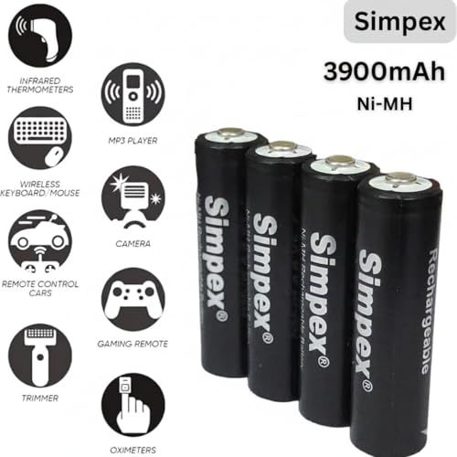 Image of Simpexs 3900mAh High Power Ni-MH AA Ready to Use Rechargeable Battery with Quick Charging and Low Self Discharge, Can Charge up to 1000 Times (Black, 3900mAh-Pack of 4)