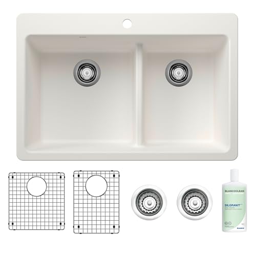 BLANCO 33" 60/40 Double Bowl Drop-In/Undermount Silgranit Kitchen Sink with Cleaner, Sink Grids and Basket Strainers in White
