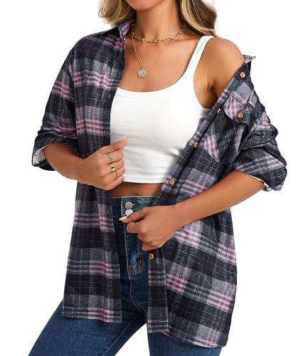 Enmain Damen Weiches Dehnbar Karierte Bluse Langarm Karoblusen mit...