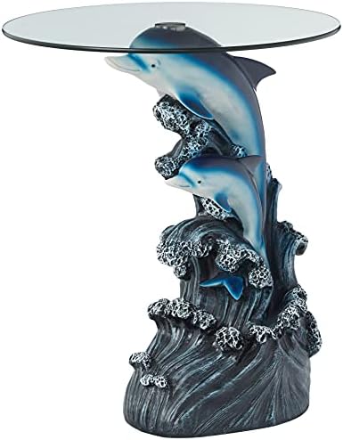 OK Lighting Animal 24" H Glass Top Color Sculpture End Table-Dolphin, Blues and Greys
