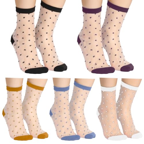 5 Pairs See-Through Socks Colorful Striped Dot Ultra-Thin Glass Socks Sheer Socks Mesh Casual Lace Socks Thin Fishnet Socks for Women