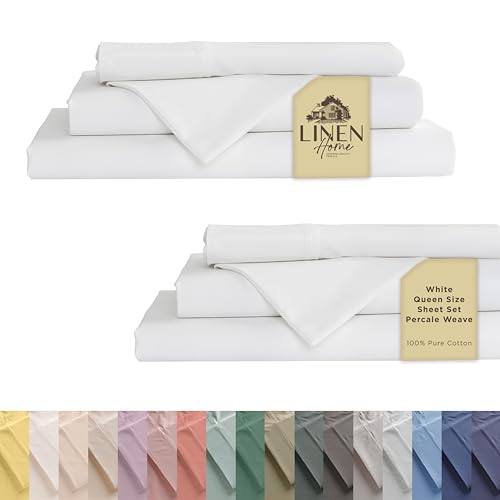 Linen Home 100% Cotton Percale Sheet Set Pack of 2, Queen Size, White, Deep Pocket, 8 Pieces Set - 2 Flat, 2 Deep Pocket Fitted Sheet and 4 Pillowcases, Crisp Cool and Strong Bed Linen