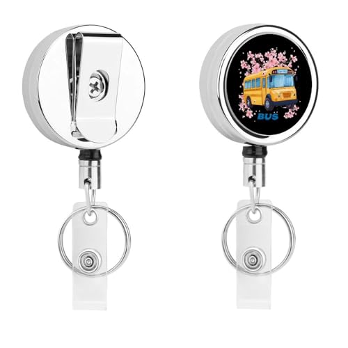 School Bus Floral Retractable Badge Holder Metal ID Name Holder Key Ring with Belt Clip
